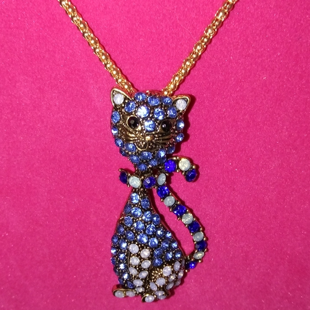 Betsey Johnson Blue Rhinestone Cat Necklace